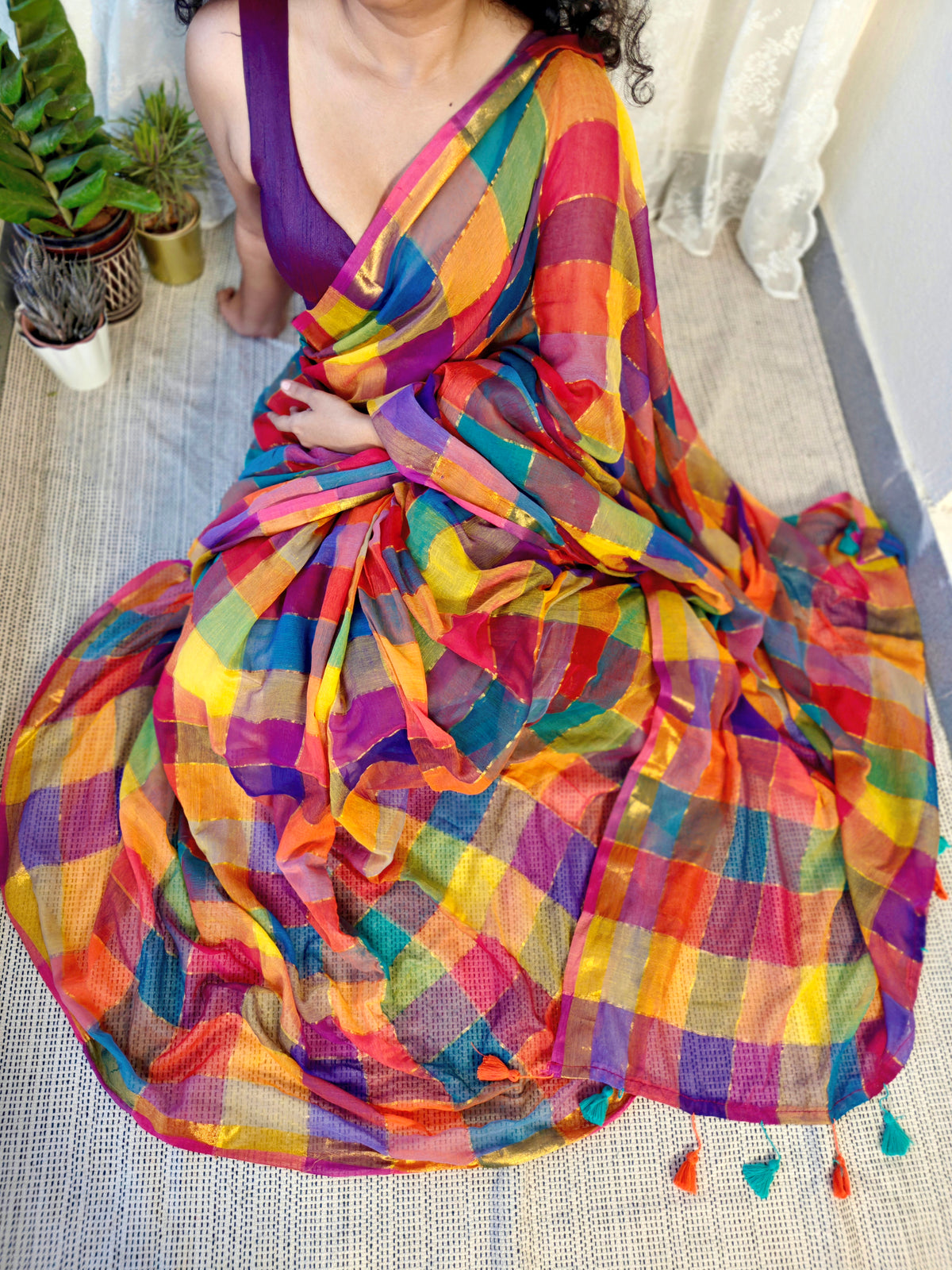 Multicolored Gold Zari Checked Mul Saree