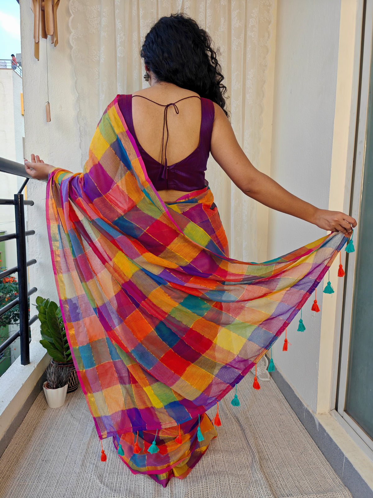 Multicolored Gold Zari Checked Mul Saree