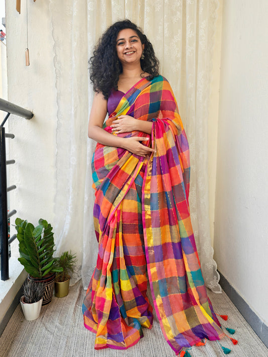 DIVIJA - Multicolored Gold Zari Checked MulMul Cotton Saree