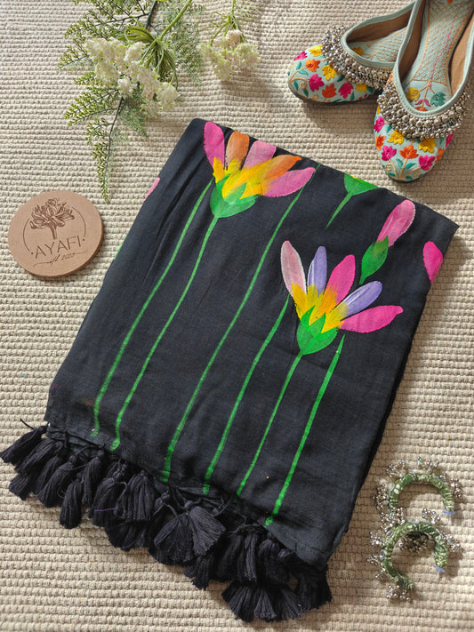Black Water Lilly Hand-Painted Saree