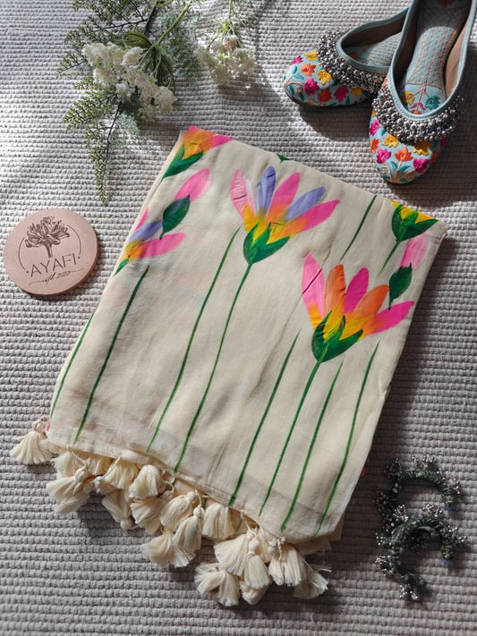 Cream Water Lilly Hand-Painted Saree