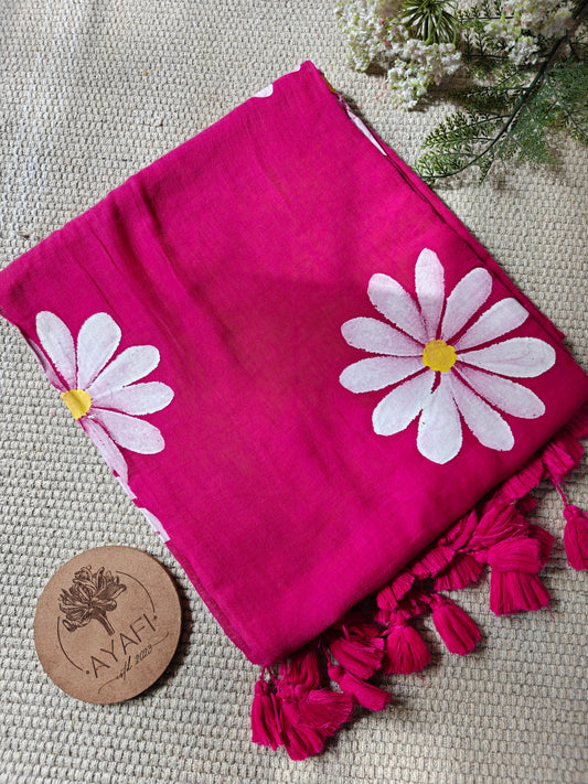 Hot Pink Daisy Hand-Painted Saree
