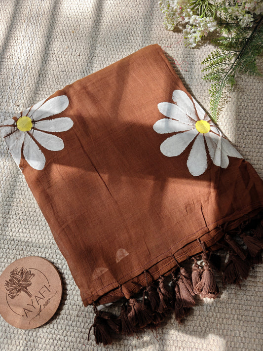 Brown Daisy Hand-Painted Saree