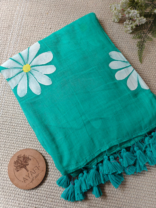 Cyan Daisy Hand-Painted Saree
