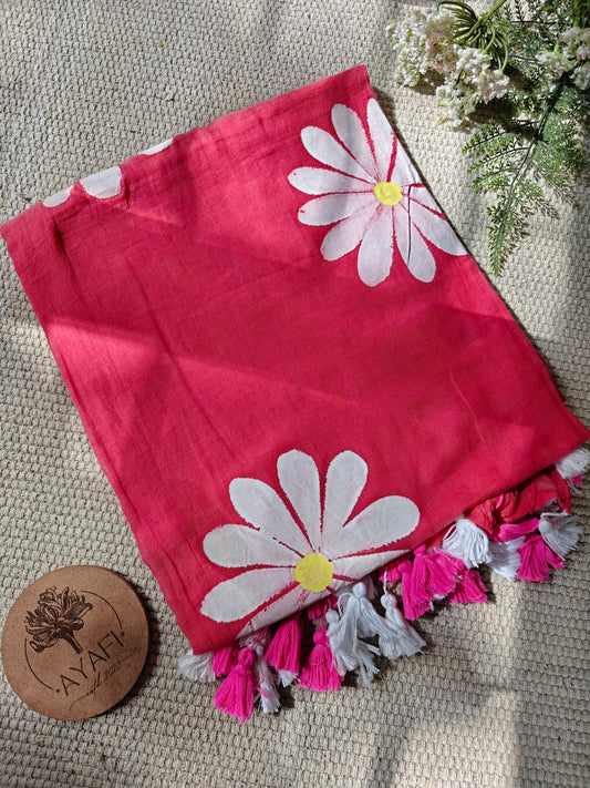Bright Pink Daisy Hand-Painted Saree