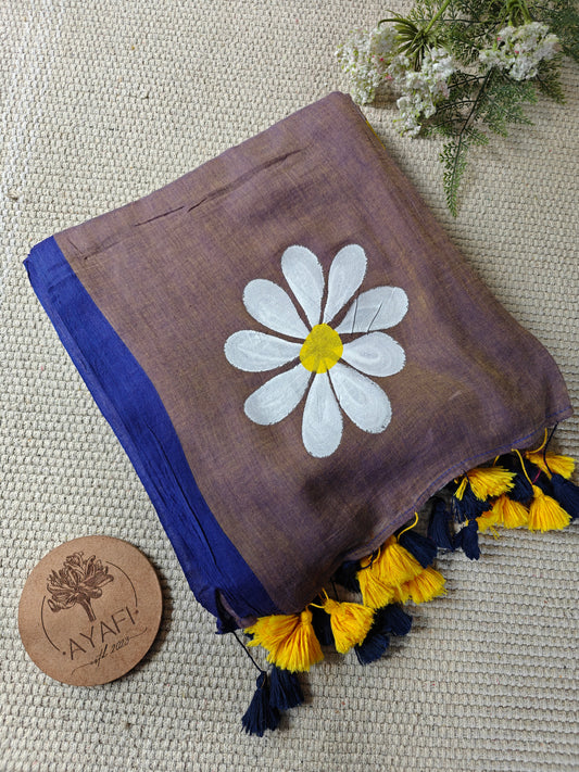 Smoky Blue Daisy Hand-Painted Saree