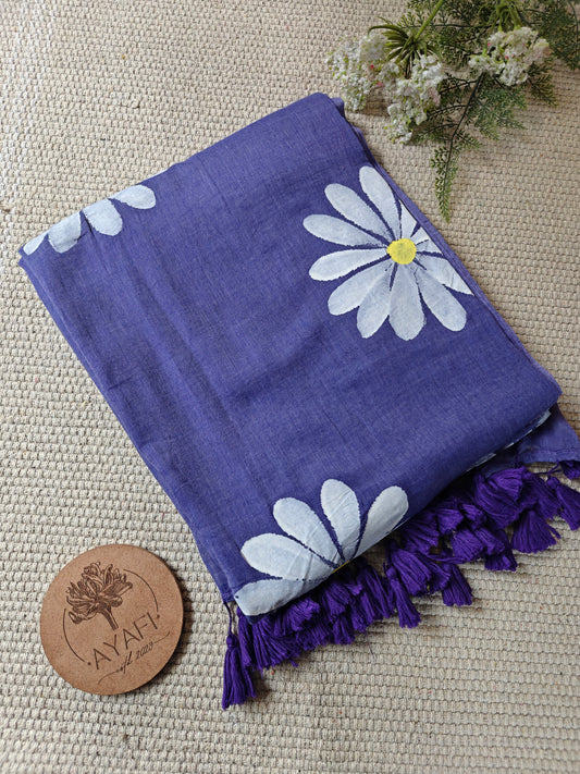 Denim Blue Daisy Hand-Painted Saree