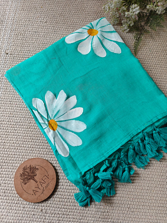 Aqua Daisy Hand-Painted Saree
