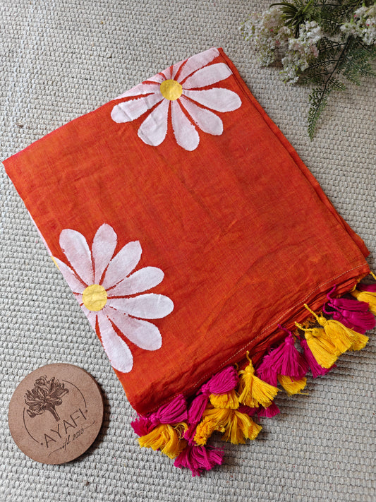 Melon Daisy Hand-Painted Saree