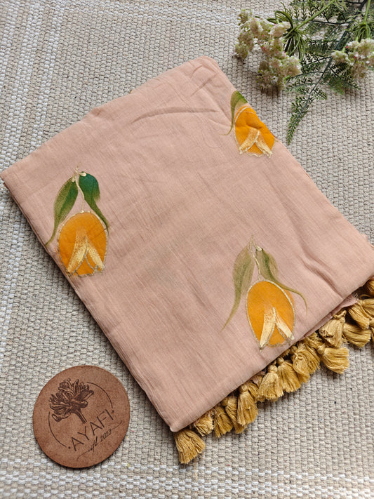 Pastel Apricot Yellow Tulip Hand-Painted Saree
