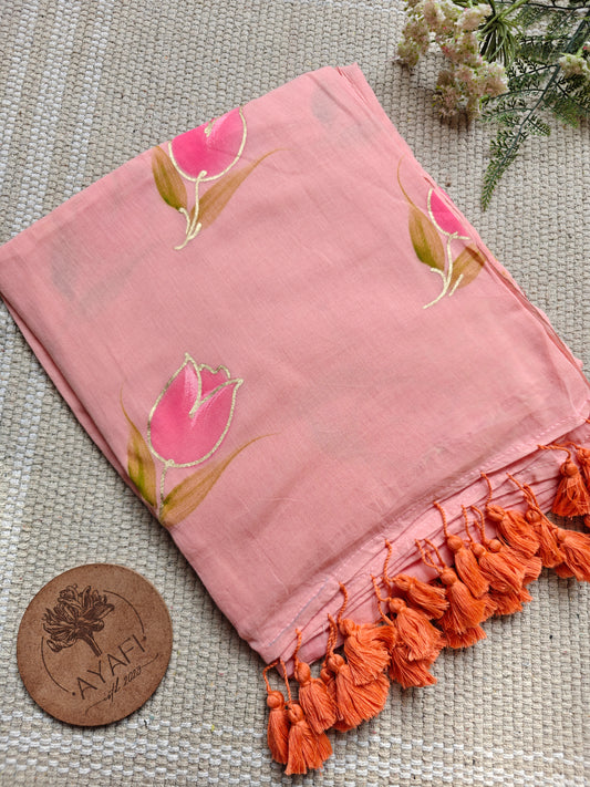 Light Peach Tulip Hand-Painted Saree