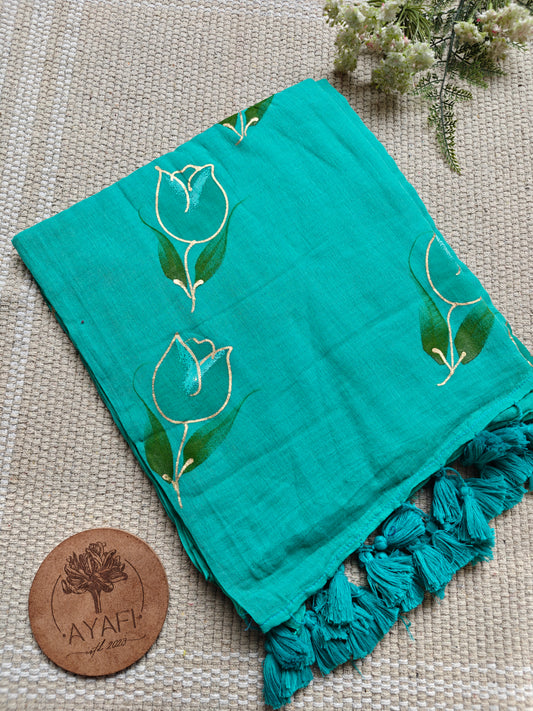 Aqua Tulip Hand-Painted Saree