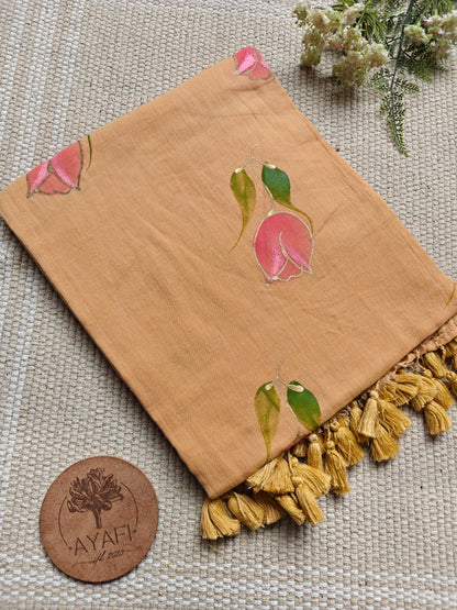 Apricot Blue Tulip Hand-Painted Saree
