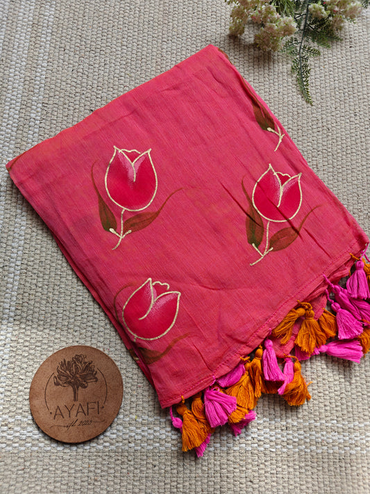Hot Pink Tulip Hand-Painted Saree