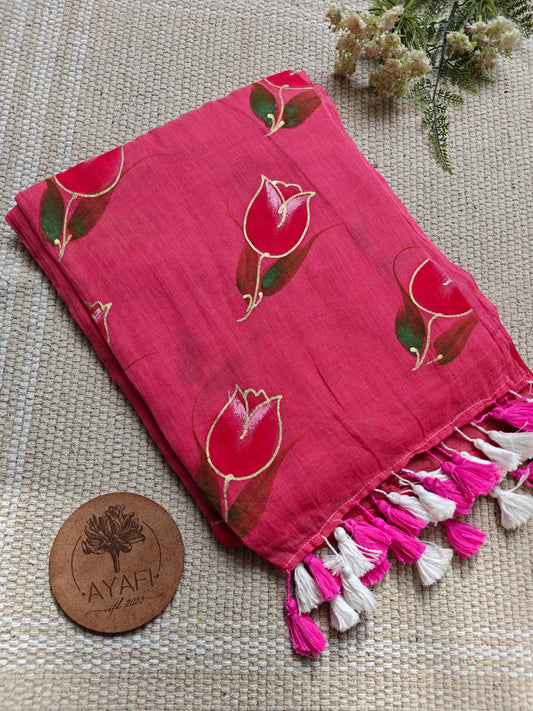 Cerise Tulip Hand-Painted Saree