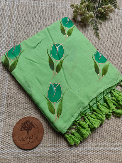Mint Tulip Hand-Painted Saree