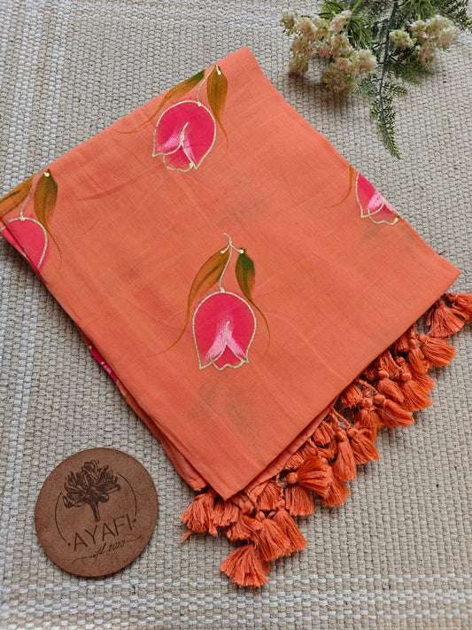 Salmon Tulip Hand-Painted Saree