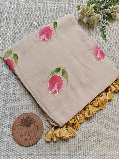 Light Tawny Tulip Hand-Painted Saree