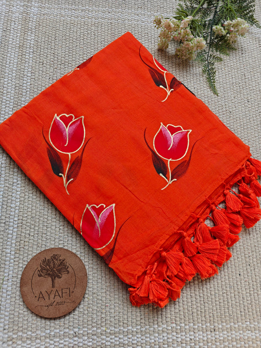 Salamander Tulip Hand-Painted Saree