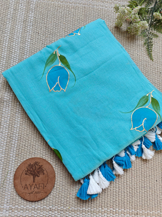 Aqua Tulip Hand-Painted Saree