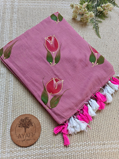 Mauve Tulip Hand-Painted Saree