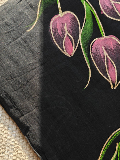 Midnight Tulip Bouquet Hand-Painted Saree