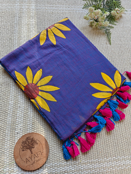 Iris Sunflower Hand-Painted Saree