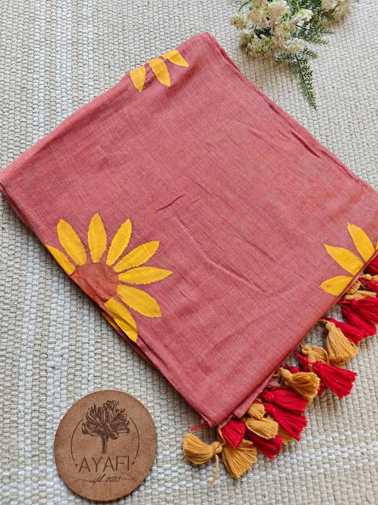 Peachy Sunflower Hand-Painted Saree