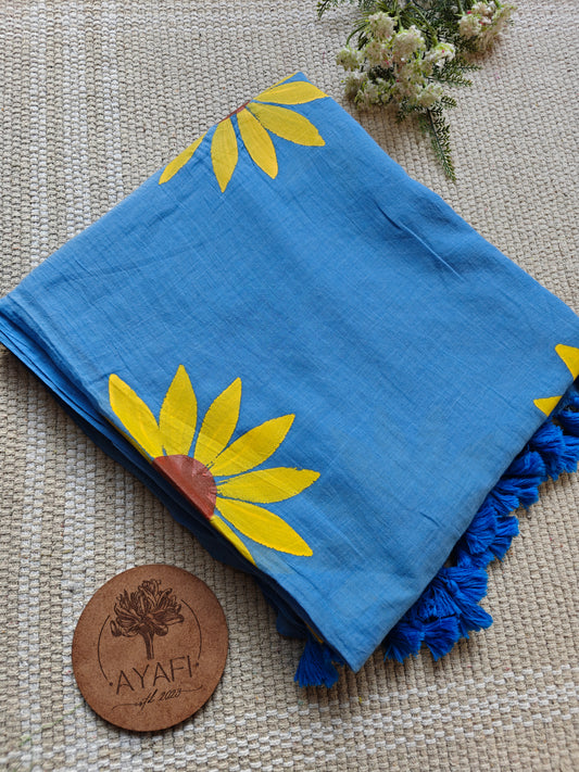 Sky Sunflower Hand-Painted Saree