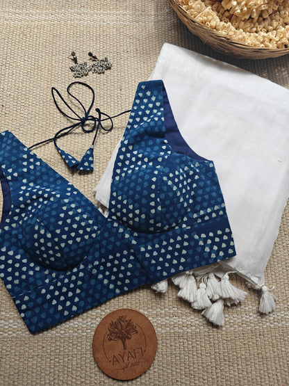 Indigo Dabu Cotton V-Neck Belted Sleeveless Blouse