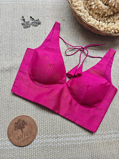 Pink Raw Silk Leaf Neck Belted Sleeveless Blouse