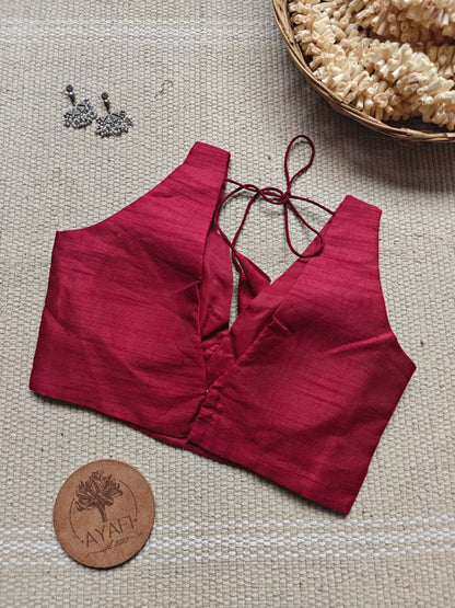 Maroon Raw Silk V-Neck Belted Sleeveless Blouse