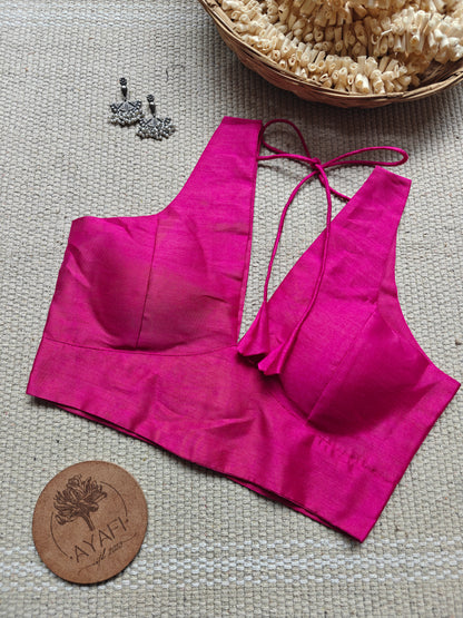 Pink Raw Silk V-Neck Belted Sleeveless Blouse