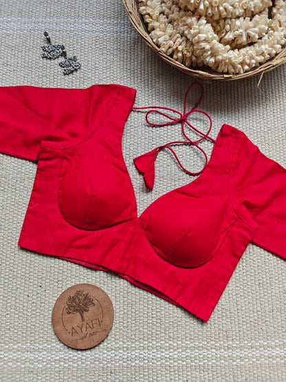 Red Cotton Leaf Neck Belted Elbow Sleeves Blouse