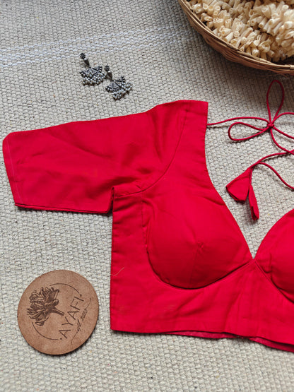 Red Cotton Leaf Neck Belted Elbow Sleeves Blouse