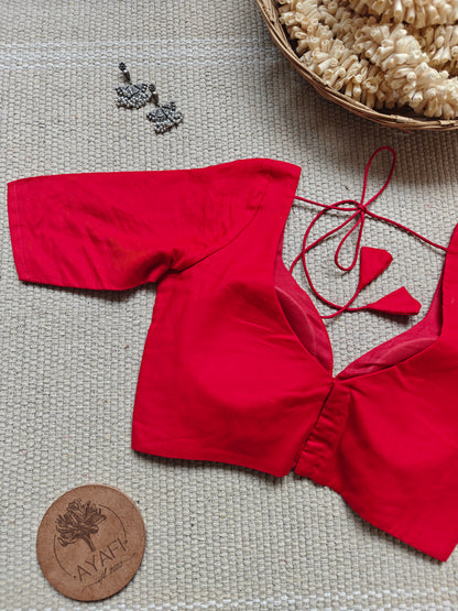 Red Cotton Leaf Neck Belted Elbow Sleeves Blouse