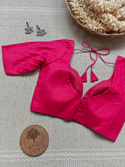 Pink Cotton Leaf Neck Belted Elbow Sleeves Blouse
