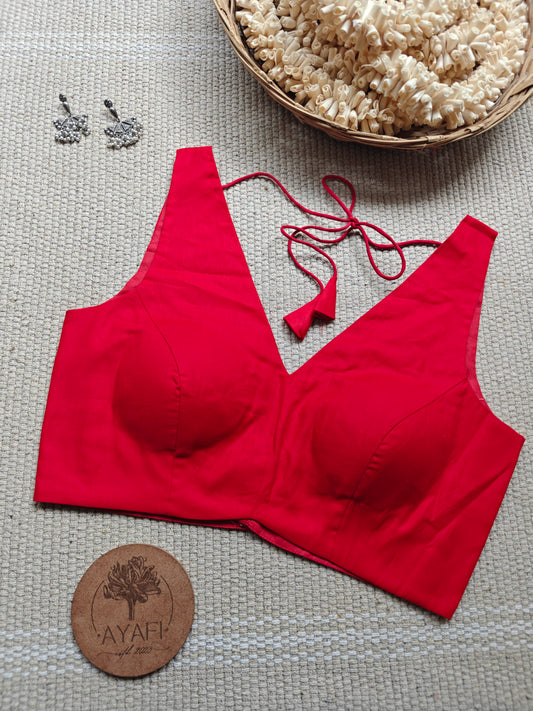Red Cotton V-Neck Sleeveless Blouse