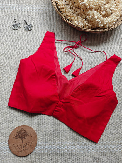 Red Cotton V-Neck Sleeveless Blouse