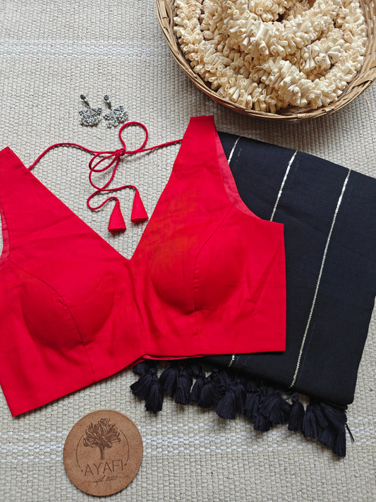 Red Cotton V-Neck Sleeveless Blouse