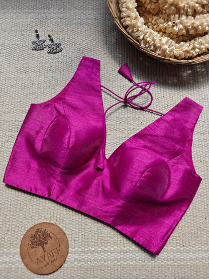 Wine Raw Silk V-Neck Sleeveless Blouse