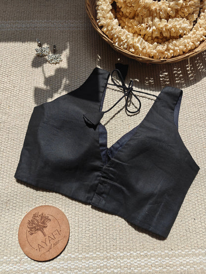 Black Cotton V-Neck Belted Sleeveless Blouse