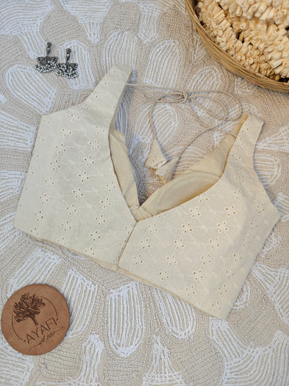 Off-White Cotton Hakoba Leaf Neck Belted Sleeveless Blouse