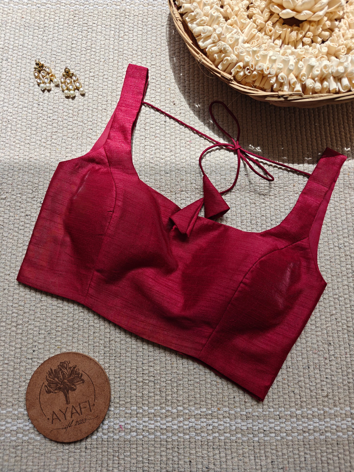 Maroon Raw Silk U Neck Sleeveless Blouse