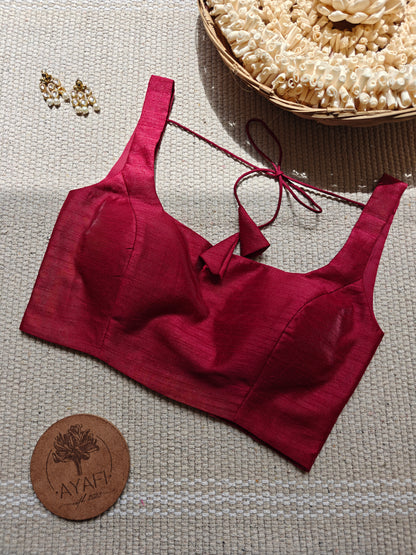 Maroon Raw Silk U Neck Sleeveless Blouse