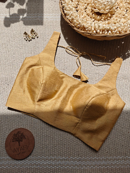 Golden Raw Silk U-Neck Sleeveless Blouse