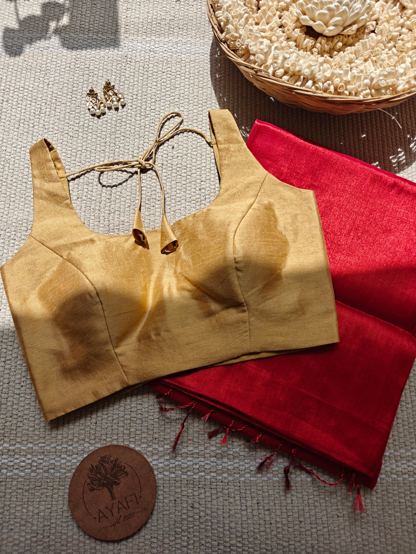 Golden Raw Silk U-Neck Sleeveless Blouse