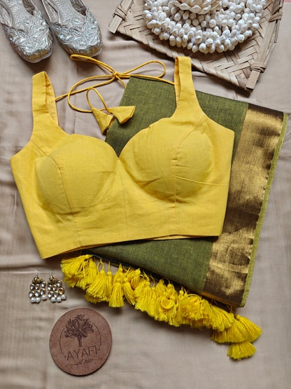 Yellow Cotton Leaf Neck Sleeveless Blouse