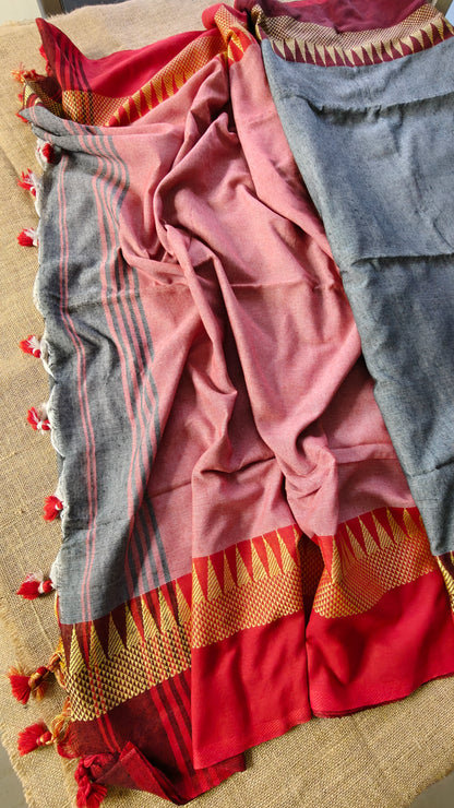 Grey Temple Border Saree