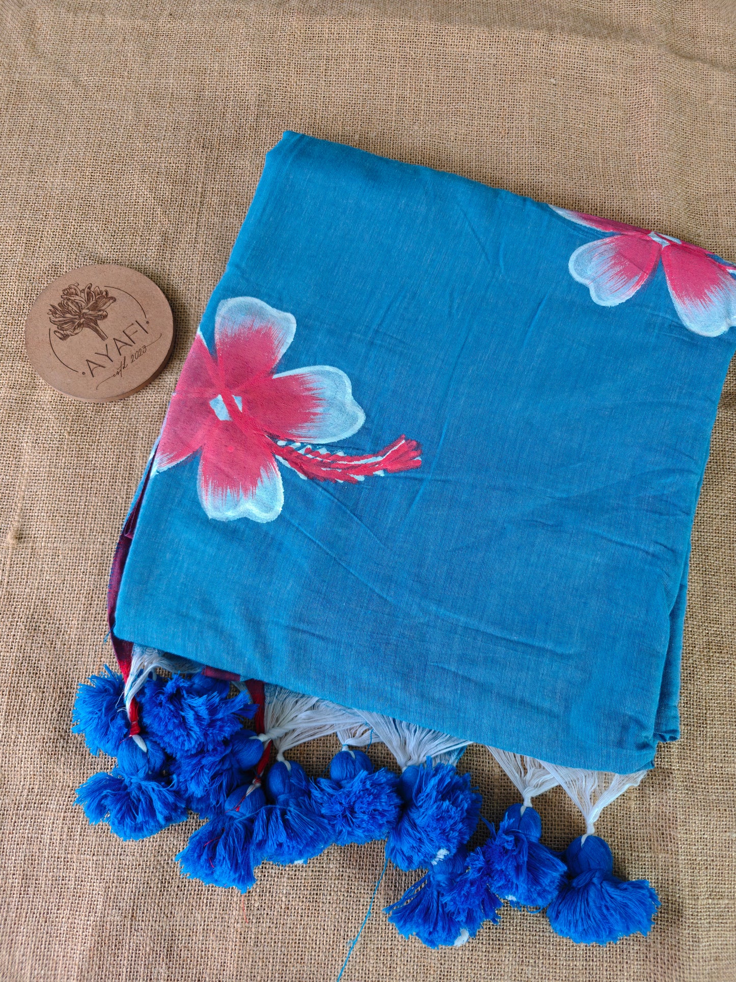 Blue Sunflower Hand-Painted Saree